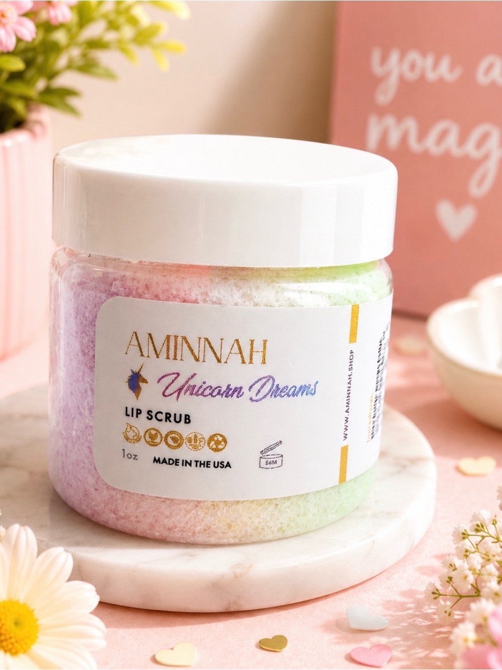 🆕 AMINNAH Unicorn Dream Lip Scrub - Pink & White